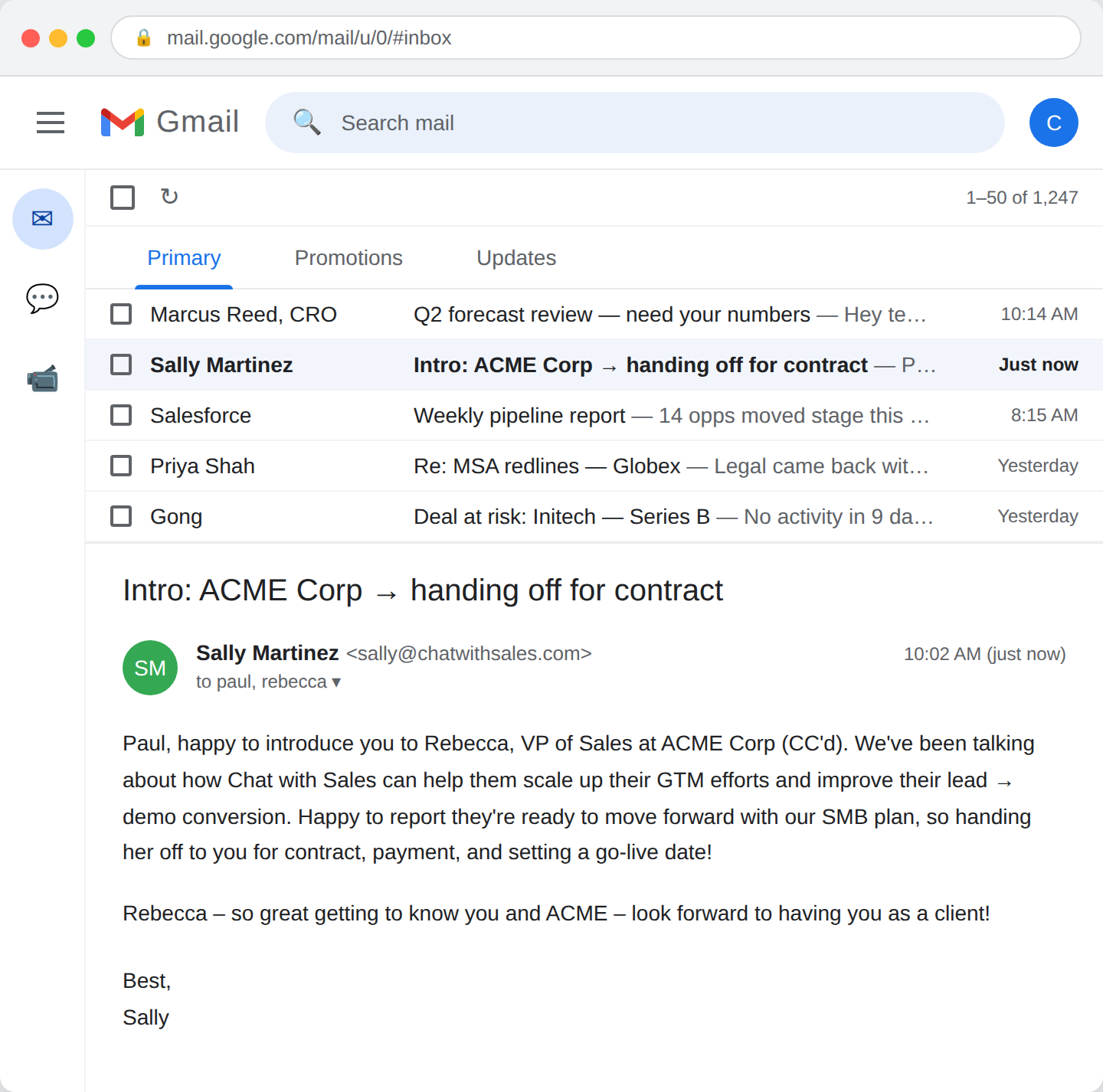 Gmail inbox showing an email from Sally (the AI sales agent) to Paul handing off ACME Corp for contracting
